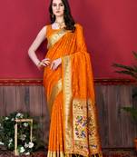Orange elegant art silk woven saree with rich zari border