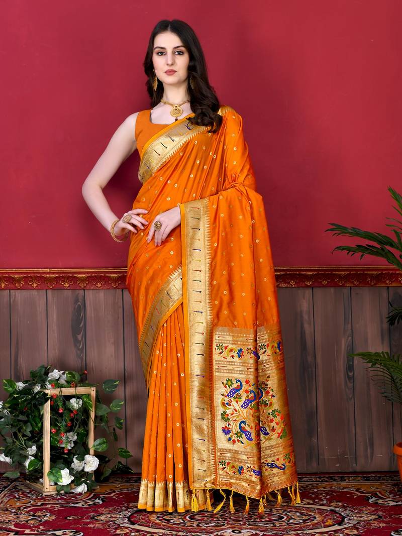 Orange elegant art silk woven saree with rich zari border