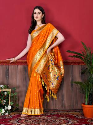 Orange elegant art silk woven saree with rich zari border 2