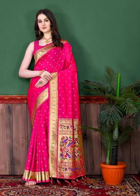 Pink elegant art silk woven saree with rich zari border 1