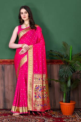 Pink elegant art silk woven saree with rich zari border