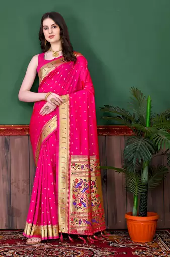 Pink elegant art silk woven saree with rich zari border