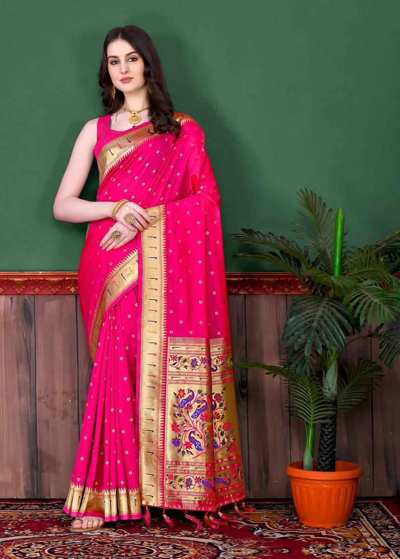 Pink elegant art silk woven saree with rich zari border