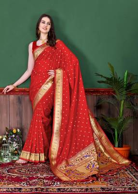 Red elegant art silk woven saree with rich zari border 1