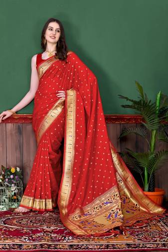 Red elegant art silk woven saree with rich zari border