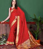 Red elegant art silk woven saree with rich zari border