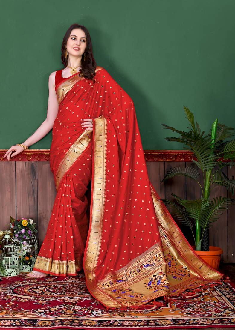 Red elegant art silk woven saree with rich zari border