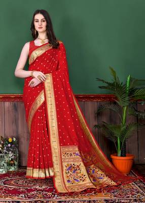Red elegant art silk woven saree with rich zari border 2