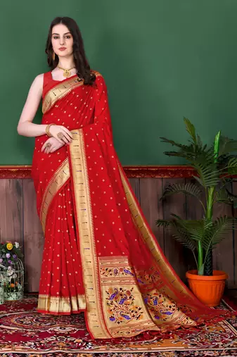Red elegant art silk woven saree with rich zari border