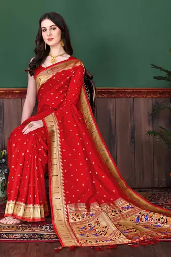 Red elegant art silk woven saree with rich zari border