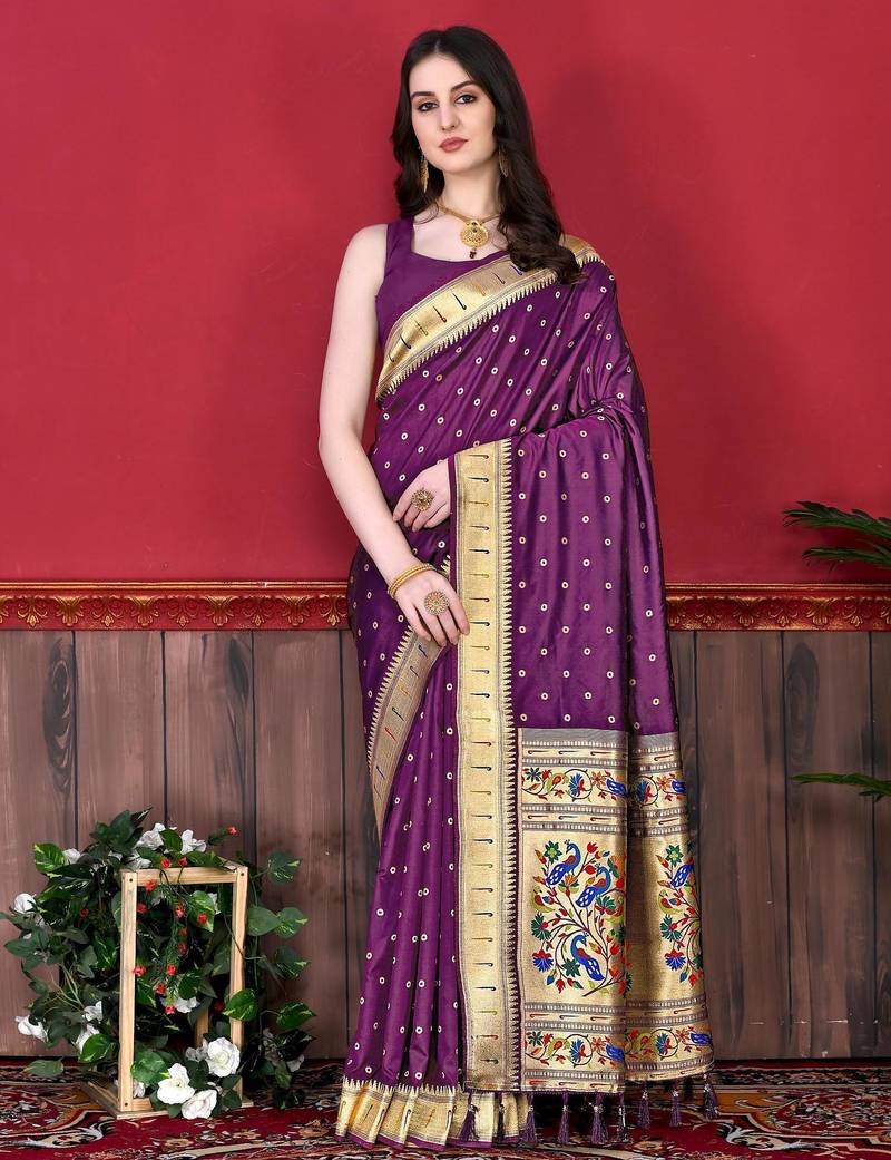 Wine elegant art silk woven saree with rich zari border