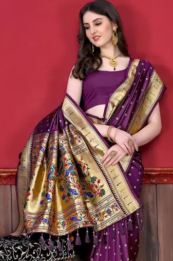Wine elegant art silk woven saree with rich zari border