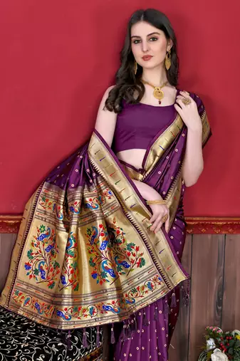 Wine elegant art silk woven saree with rich zari border