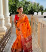 Orange elegant art silk woven saree with rich zari border