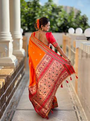 Orange elegant art silk woven saree with rich zari border 3