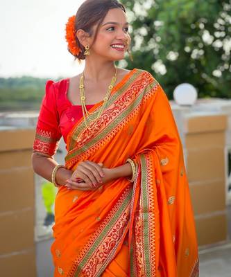 Orange elegant art silk woven saree with rich zari border 4