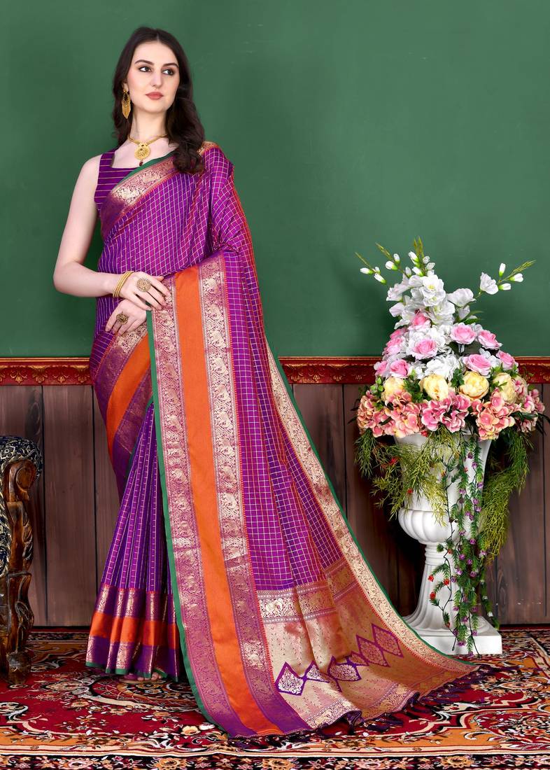 Magenta elegant art silk woven saree with rich zari border