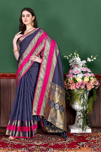 Navy blue elegant art silk woven saree with rich zari border