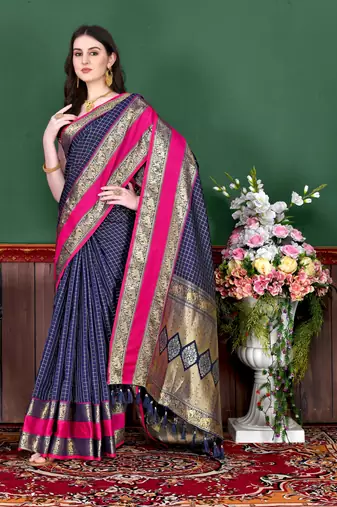 Navy blue elegant art silk woven saree with rich zari border