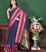 Navy blue elegant art silk woven saree with rich zari border