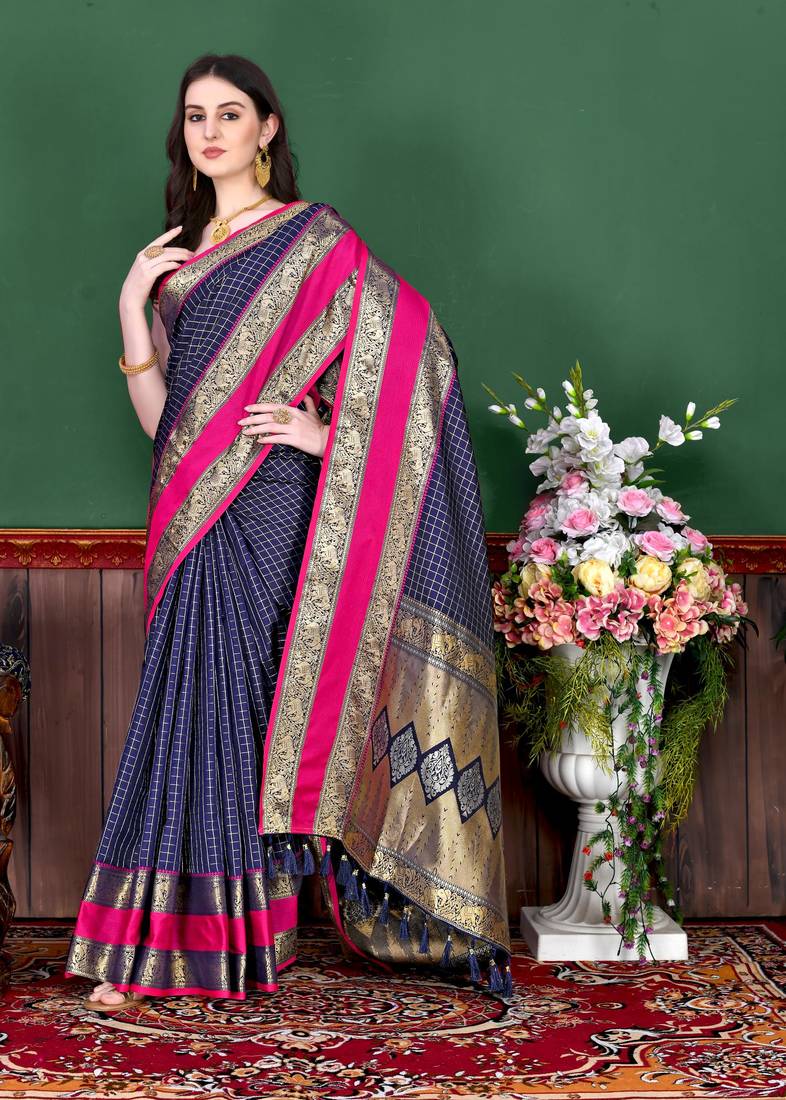 Navy blue elegant art silk woven saree with rich zari border