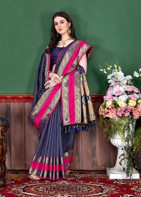 Navy blue elegant art silk woven saree with rich zari border 2