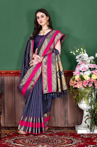 Navy blue elegant art silk woven saree with rich zari border