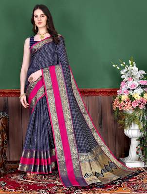 Navy blue elegant art silk woven saree with rich zari border 3