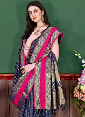 Navy blue elegant art silk woven saree with rich zari border 4