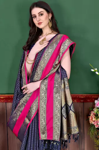 Navy blue elegant art silk woven saree with rich zari border