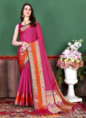 Pink elegant art silk woven saree with rich zari border 1