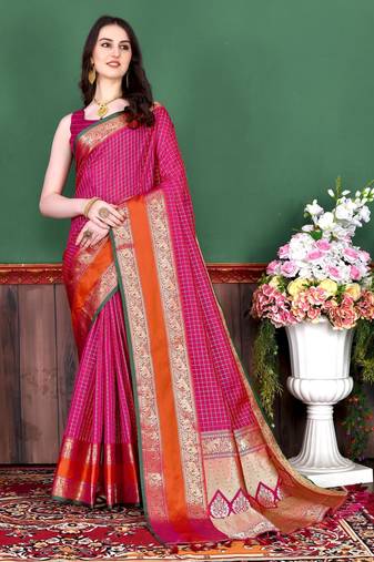 Pink elegant art silk woven saree with rich zari border