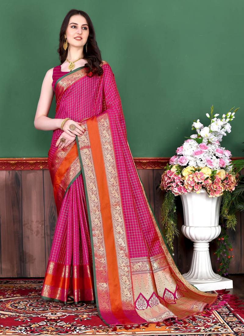Pink elegant art silk woven saree with rich zari border