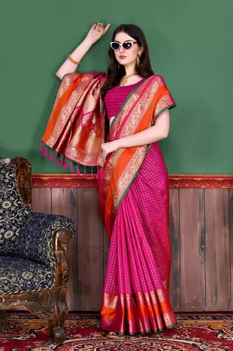 Pink elegant art silk woven saree with rich zari border