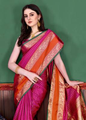 Pink elegant art silk woven saree with rich zari border 4