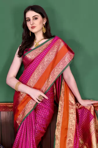 Pink elegant art silk woven saree with rich zari border