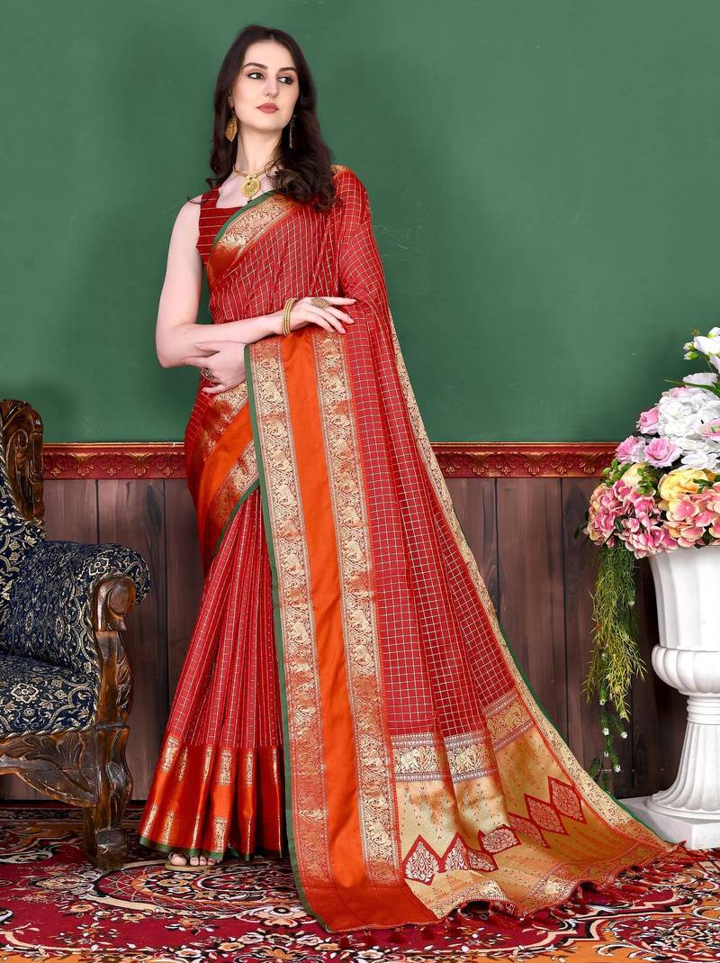 Red elegant art silk woven saree with rich zari border