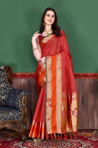 Red elegant art silk woven saree with rich zari border