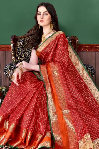 Red elegant art silk woven saree with rich zari border