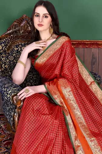Red elegant art silk woven saree with rich zari border
