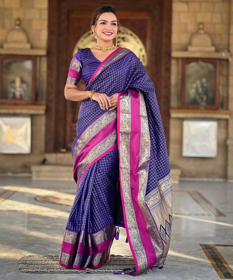 Violet elegant art silk woven saree with rich zari border