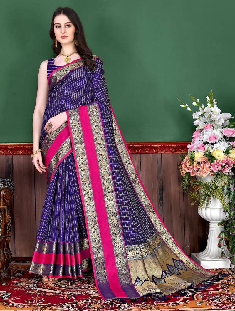 Violet elegant art silk woven saree with rich zari border