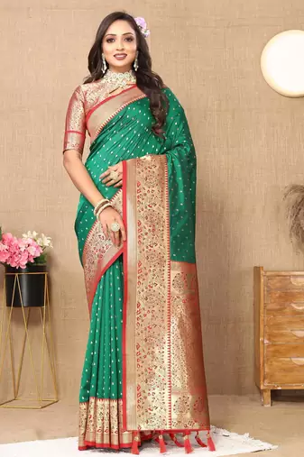 Green elegant art silk woven saree with rich zari border