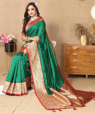 Green elegant art silk woven saree with rich zari border 4