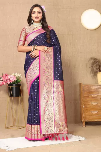 Navy blue elegant art silk woven saree with rich zari border