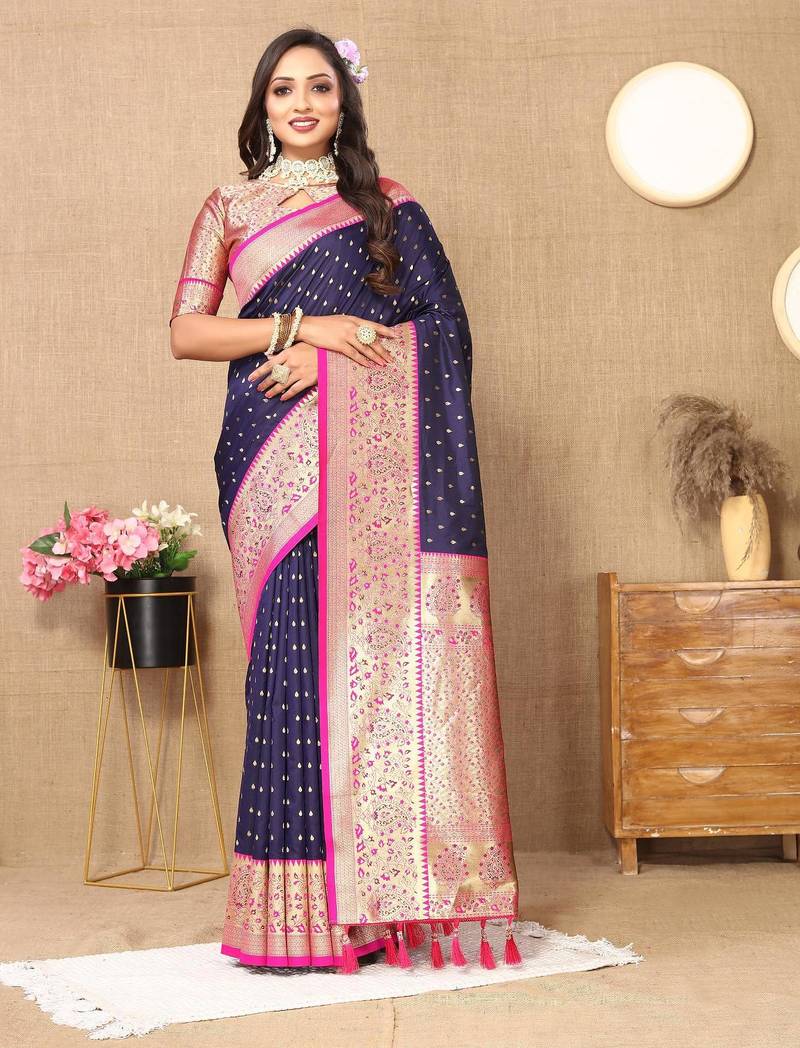 Navy blue elegant art silk woven saree with rich zari border