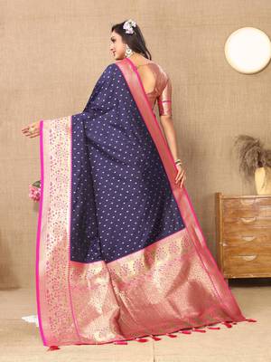 Navy blue elegant art silk woven saree with rich zari border 2