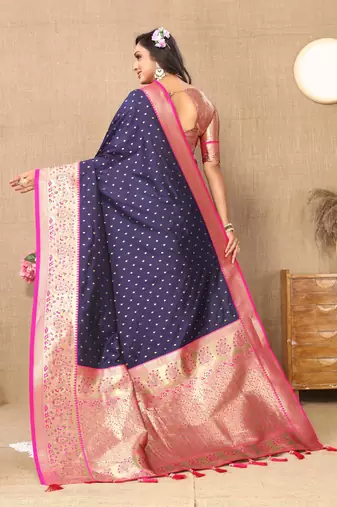Navy blue elegant art silk woven saree with rich zari border
