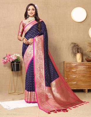 Navy blue elegant art silk woven saree with rich zari border 3