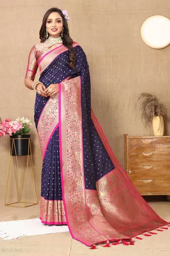 Navy blue elegant art silk woven saree with rich zari border